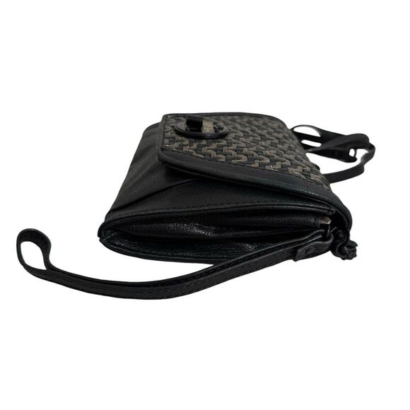 Elliott Lucca Crossbody Wristlet Bag Woven Black Gold Woven Flap Turn Lock - Picture 4 of 12